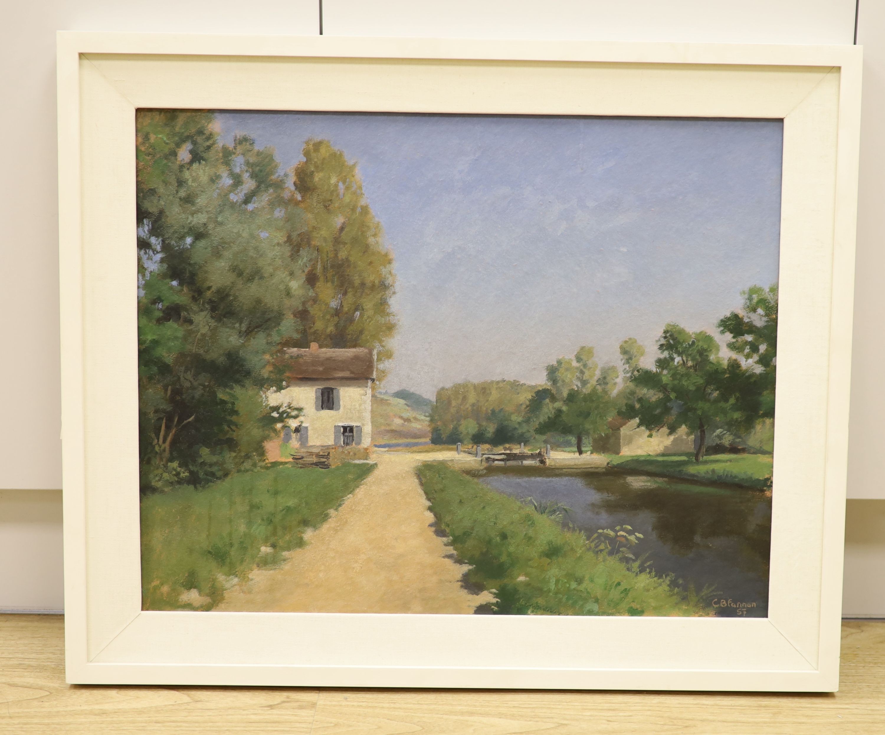 Charles Brook Farrar (1899-1979), oil on board, 'Loch on the Yonne, Burgundy', signed and dated '57, 48 x 60cm